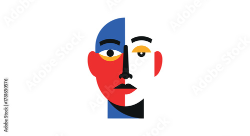 Abstract geometric illustration of a human face split into two distinct halves with contrasting colors, suggesting duality or artistic expression.