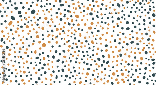 Organic, hand-drawn dot pattern with irregular dark teal and brown speckles scattered across a clean white background, creating a lively and modern design.