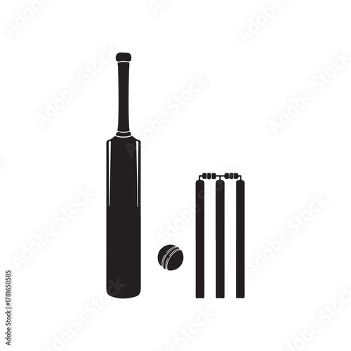 Cricket bat ball and wickets silhouette icon vector flat illustration