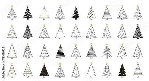 A diverse assortment of monochrome illustrated Christmas trees, each topped with a shimmering gold star, perfect for holiday designs.