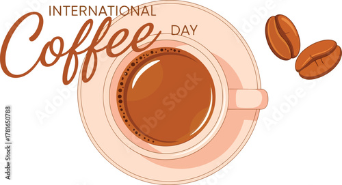 International coffee day with cup and coffee beans isolated on white background
