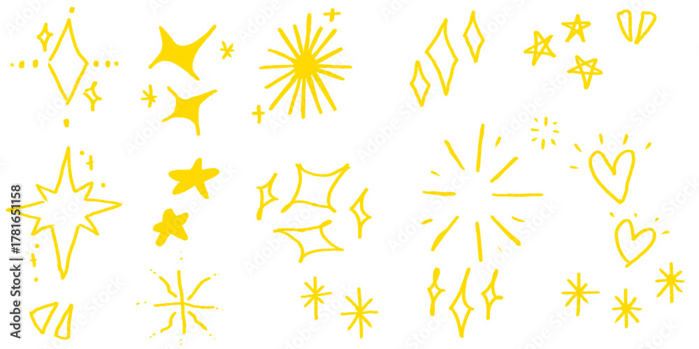 Fototapeta premium Hand-drawn Sparkle Doodle Set: Stars, Shine, and Heart Elements