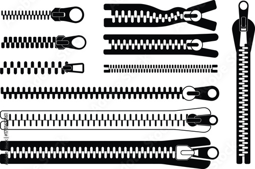 Zipper design icon set, black and white fastener illustrations, stylized garment hardware graphics, fashion accessory silhouettes, textile closure element collection