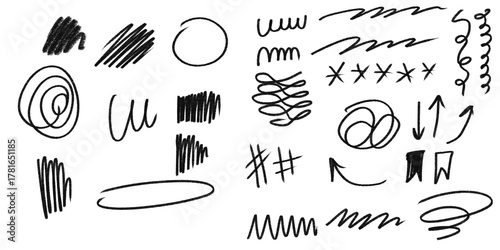 Hand-drawn Black Sketch Elements. Doodles, Arrows, and Scribbles Isolated on White Background