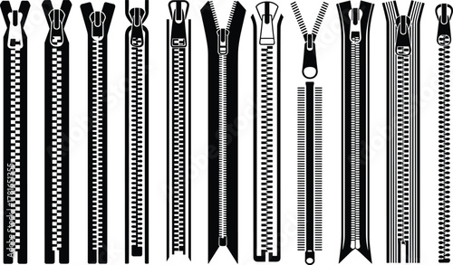 Zipper design illustration set, black and white garment hardware icons, slider and teeth variation graphic, stylized fashion accessory art, apparel closure styles