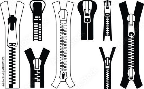 Zipper illustrations, black and white zipper icons, stylized fastener graphics, garment hardware art, fashion accessory elements, zipper pull tab designs, textile closures
