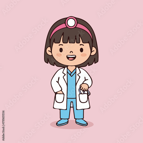 Cartoon Doctor Girl with Headband and Stethoscope in Lab Coat.