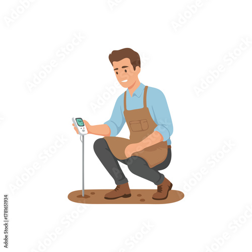 A male gardener in a brown apron crouching to test the soil with a digital meter probe.