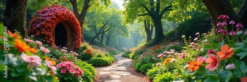 Discover a Whimsical Hidden Park Vibrant Flowers, Playful Sculptures, and Secret Pathways Await amidst Lush Greenery.  An Enchanting Surprise in Nature.