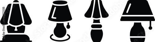 Elegant black table lamp Icon Set silhouette with a classic and timeless design Simple vector icon table lamp Lamp icon set. Set of lamps for the home. Table lamp icons - stock vector. 