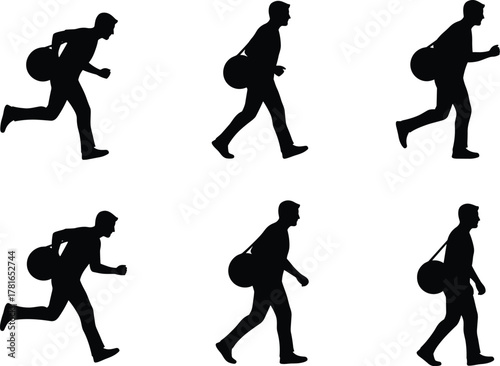 Silhouette of person carrying round object, walking and running poses, human motion study, dynamic movement, black figure, biomechanics, animation reference, posture transition