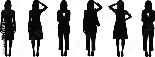 Silhouette of women in semi-formal attire, gesture poses, black figure, business stance, hand gestures, posture variation, professional illustration, body language