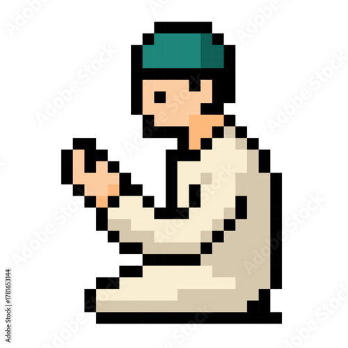 Pixel art muslim man praying during ramadan