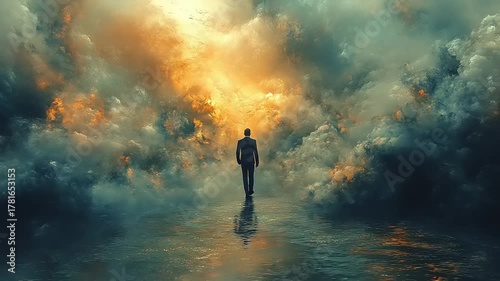 Wallpaper Mural Man Walking Through Colorful Clouds at Sunset Torontodigital.ca