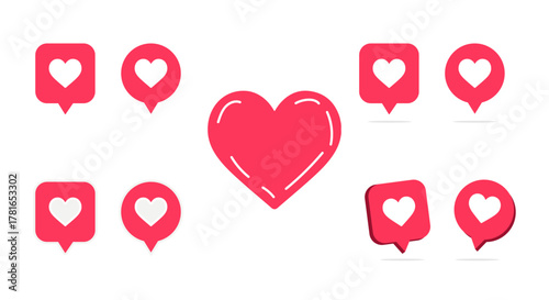 Pink heart vector icon set featuring a central glossy heart and social-like pin variants (square & round) — perfect for apps, UI, stickers, Valentine designs.
