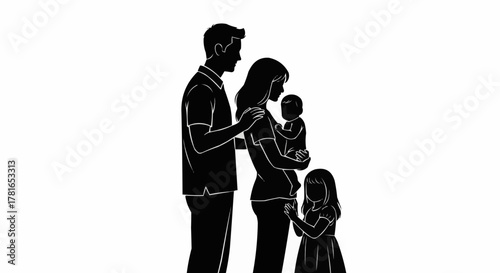 Silhouette of a Family - Parents with Children in Black and White.