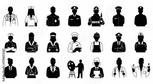 Diverse Professional Silhouettes Representing Various Occupations and Careers.