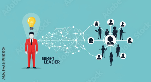 Bright leader with a lightbulb idea connecting to a professional team network.