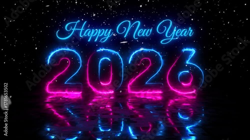 Happy new year 2026 futuristic cosmic bright red blue neon lights with snow falling animation