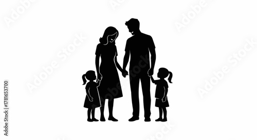 Silhouette of a happy family holding hands, featuring parents and two young children.