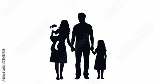 Silhouette of a Family Holding Hands - Parents and Two Daughters.