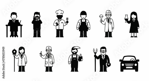 Vector icon set of various professions and occupations silhouettes.