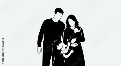 Family portrait of parents and children in black and white silhouette.