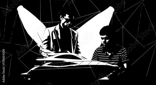 Luxury Yacht Design Review — Black and White Vector Illustration with Modern Elegance