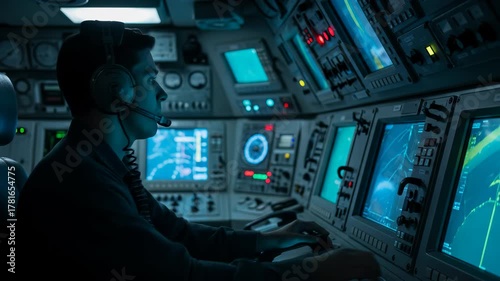 Focused Naval Officer Monitoring Radar Screens on Indian Navy Ship During Nighttime Operations, Headset On