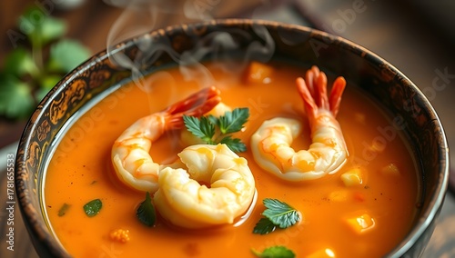 Steaming Thai Sour Curry – Shrimp and Cha-Om Omelette in Tangy Broth, 4K Close-Up