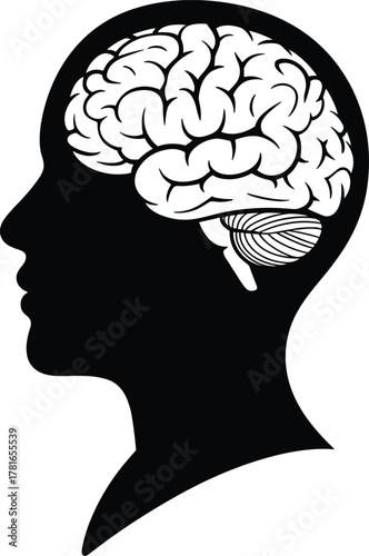 Human head silhouette, brain anatomy illustration, cerebrum cerebellum detail, black and white medical art, psychology concept, educational, neuroscience, profile view