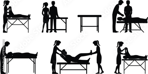 Physical therapy silhouettes, medical treatment icons, rehabilitation illustration set, patient care scenes, healthcare interaction chart, therapeutic procedure reference, clinical posture guide