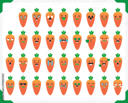 Vector illustration of collection of cartoon carrots with different facial expressions
