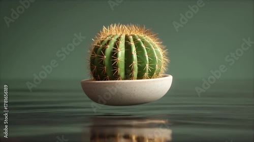Cactus With Golden Spines Moving In Levitating Container
