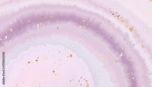 Abstract amethyst stone background design with natural texture and gold glitter splash.