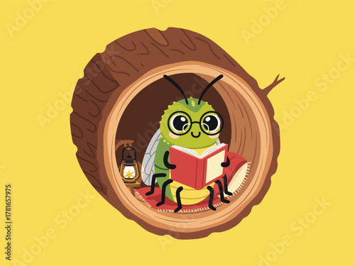 Cute green bug in a tree hollow reading a book