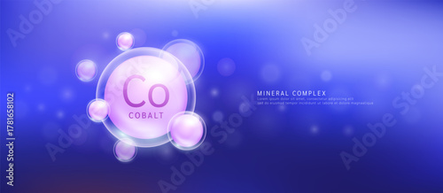 Cobalt minerals the form pink circle inside a transparent bubble. Mineral vitamins complex essential supplement health. Food nutrition and medicine. Science medical concept. Banner vector.