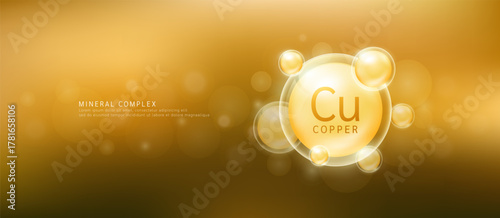 Copper minerals the form yellow circle inside a transparent bubble. Mineral vitamins complex essential supplement health. Food nutrition and medicine. Science medical concept. Banner vector.