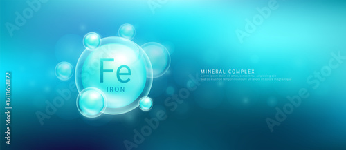 Iron minerals the form blue circle inside a transparent bubble. Mineral vitamins complex essential supplement health. Food nutrition and medicine. Science medical concept. Banner vector.