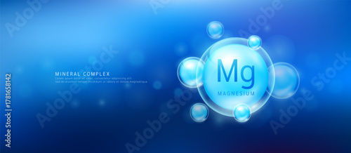 Magnesium minerals the form blue circle inside a transparent bubble. Mineral vitamins complex essential supplement health. Food nutrition and medicine. Science medical concept. Banner vector.
