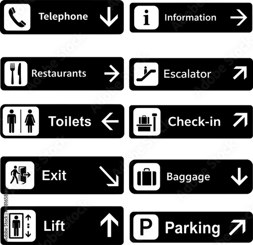 Public Directional Signs Set: Airport, Mall, and Building Navigation Icons