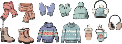 Winter accessories set with scarf, beanie, and gloves. Collection for holiday design