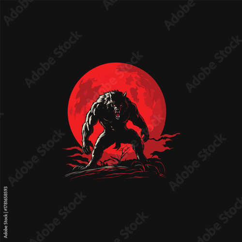 Striking and intense vector illustration of a snarling werewolf standing aggressively against a huge, menacing red full moon