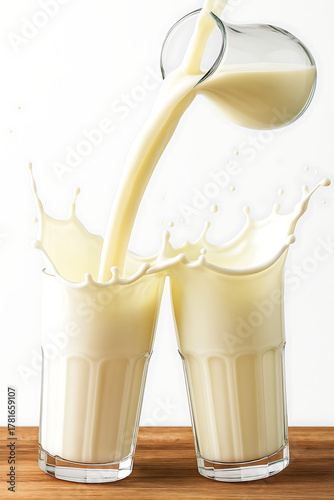 Fresh Milk Splashing into Glasses – Dairy Drink and Healthy Nutrition Concept