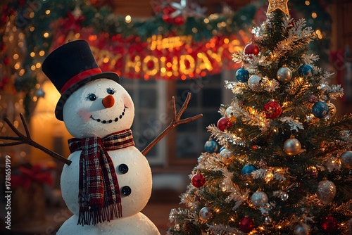 Art Snowman and Christmas tree decoration; background or season holidays banner