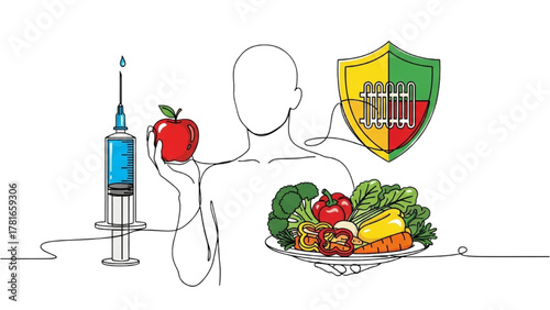 High-quality art of syringe and shield symbol beside human figure, representing protection and health safety, with person holding apple or plate of vegetables symbolizing nutrition and balance