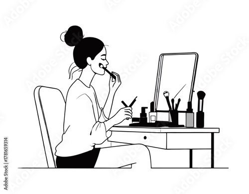 Woman Applying Makeup at Dressing Table Illustration
