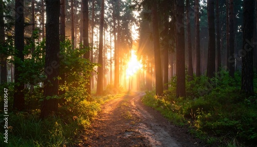 Fototapeta Naklejka Na Ścianę i Meble -  A sunlit dirt path winds through a dense forest, with tall trees framing the bright, golden sun. Sunlight streams creating a magical ambiance