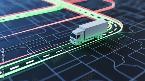 White semi-trailer truck driving along a brightly glowing green and red path overlaid on a dark, abstract digital map or circuit board pattern.
