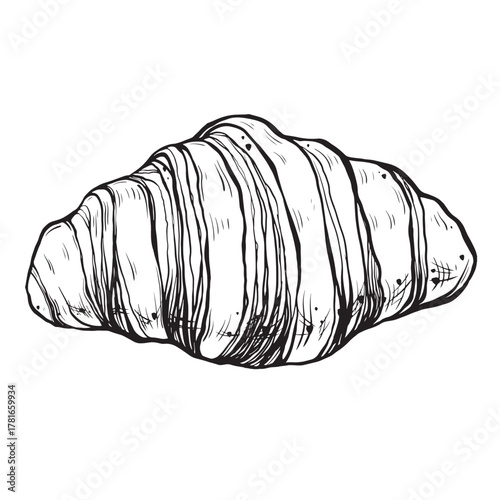 Sketch of a croissant. Hand-drawn ink vector illustration of a Danish pastry, with linear graphic elements for food design, isolated on white background.